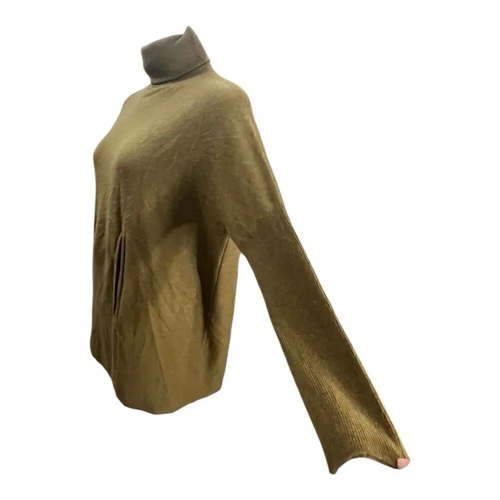 Garnet Hill Cashmere Wool Oversized Turtleneck Sweater Green M Kangaroo Pocket - Picture 10 of 12